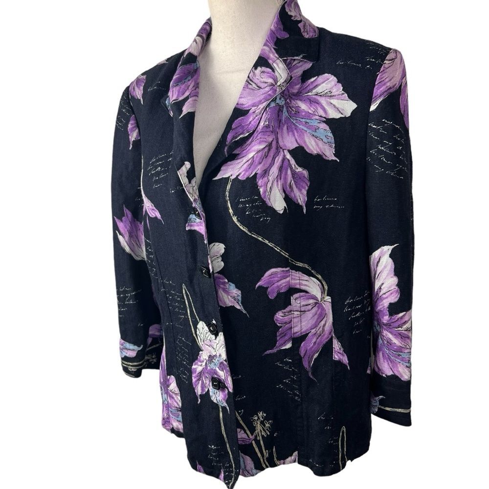 Emma James Linen Blend Floral Jacket Size 14 Liz Claiborne Purple Easter